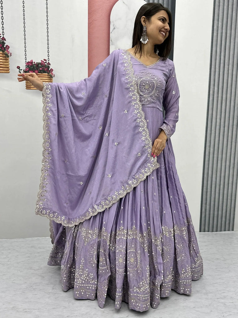 Dazzling Lavender Embroidered Chinon Engagement Wear Gown With Dupatta