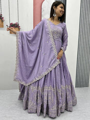 Dazzling Lavender Embroidered Chinon Engagement Wear Gown With Dupatta
