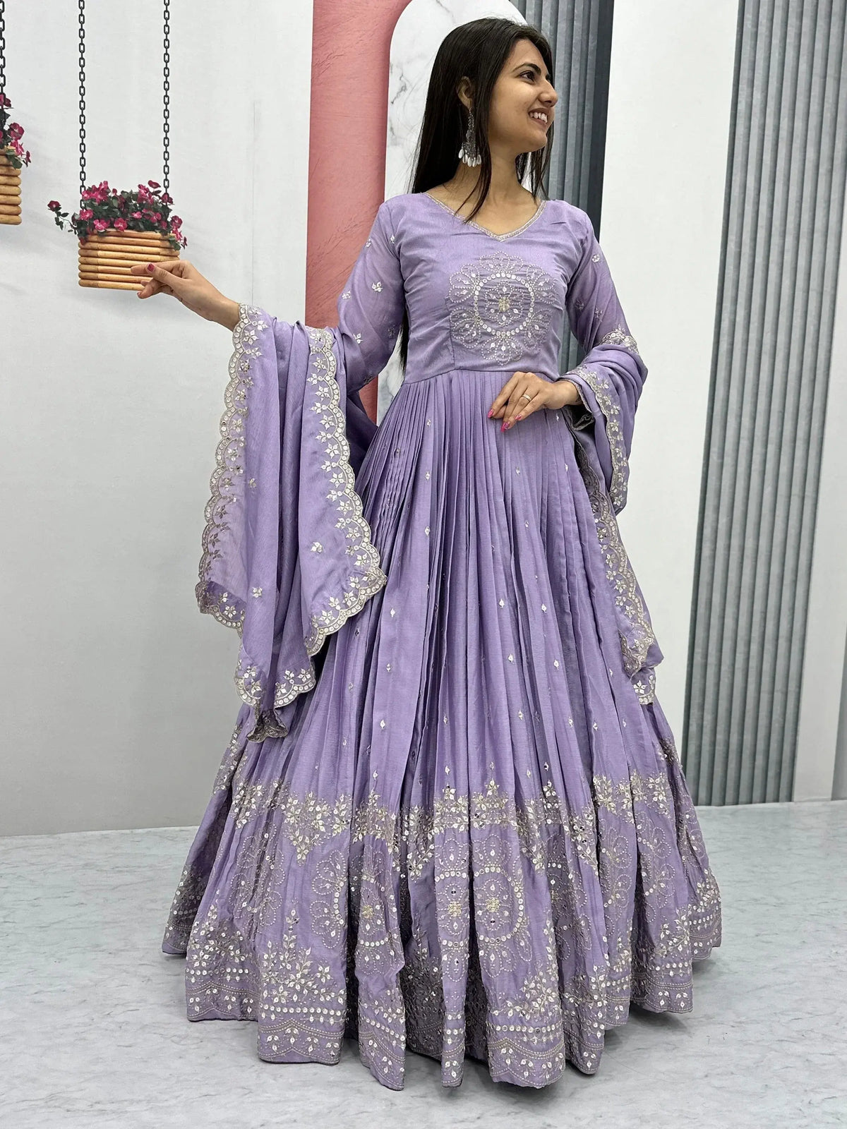 Dazzling Lavender Embroidered Chinon Engagement Wear Gown With Dupatta