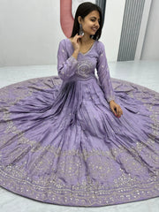Dazzling Lavender Embroidered Chinon Engagement Wear Gown With Dupatta