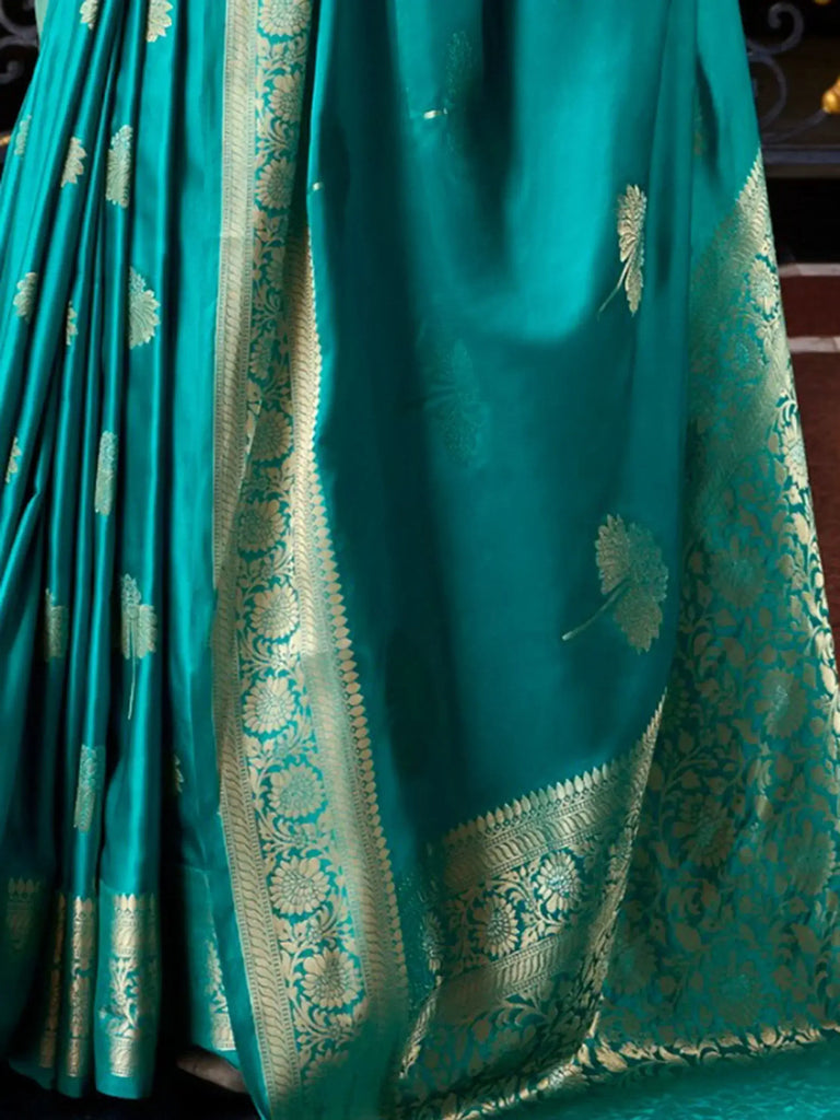 Dear Turquoise Blue Zari Weaving Silk Function Wear Saree With Blouse