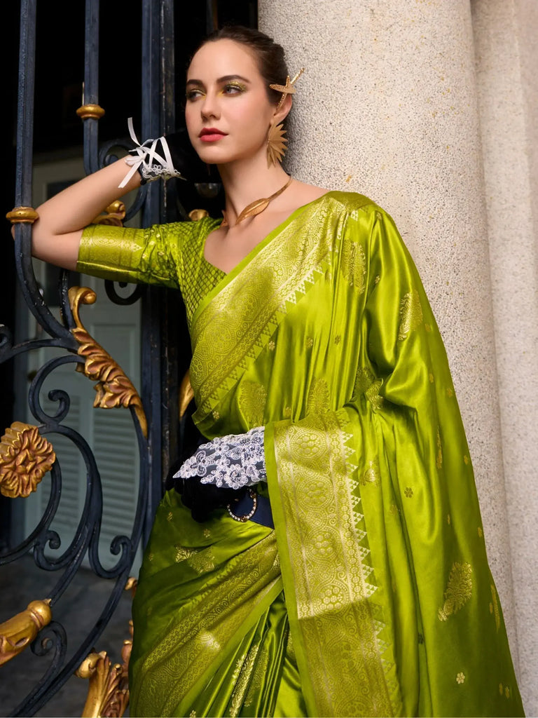 Beautiful Olive Green Zari Weaving Silk Event Wear Saree With Blouse