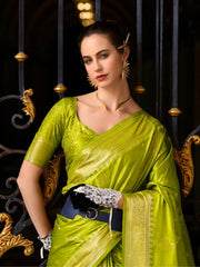 Beautiful Olive Green Zari Weaving Silk Event Wear Saree With Blouse