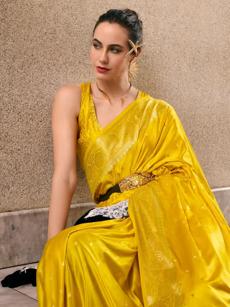 Fascinating Mustard Zari Weaving Silk Haldi Wear Saree With Blouse