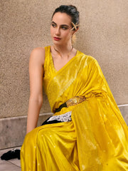 Fascinating Mustard Zari Weaving Silk Haldi Wear Saree With Blouse