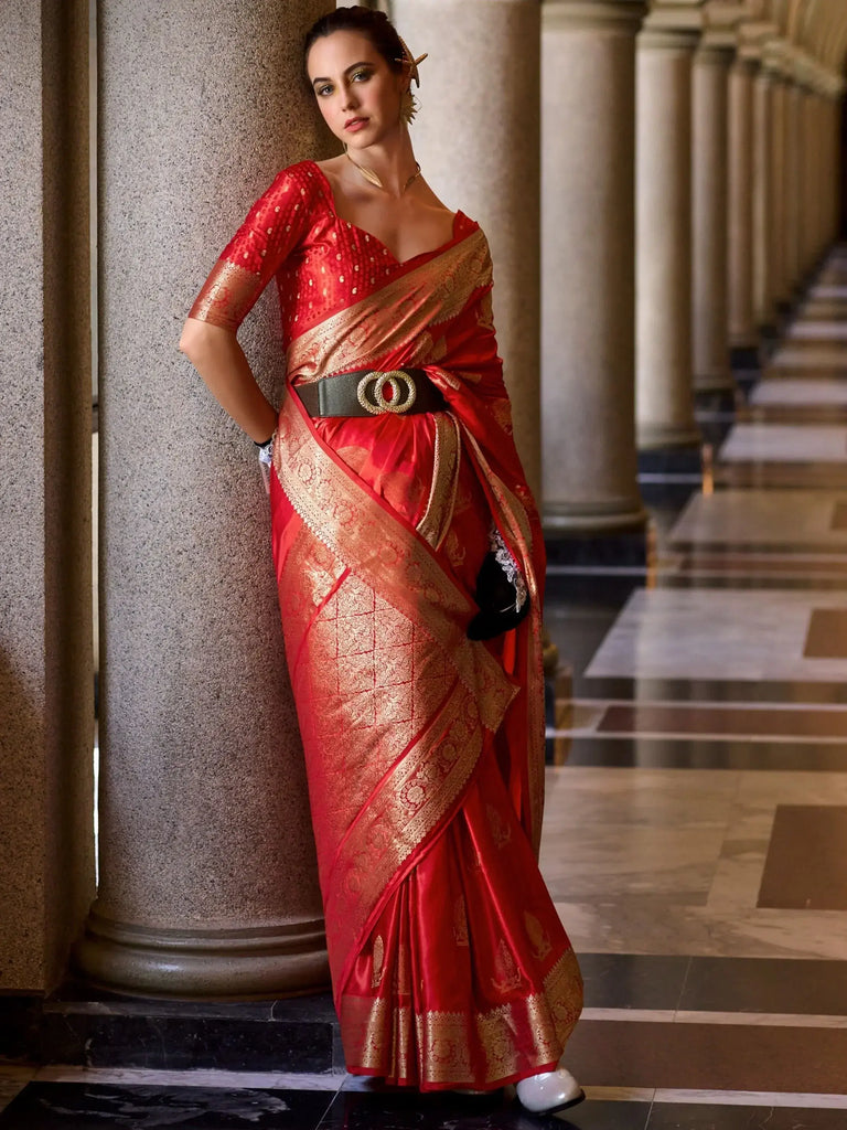 Magnetic Red Color Zari Weaving Silk Function Wear Saree With Blouse