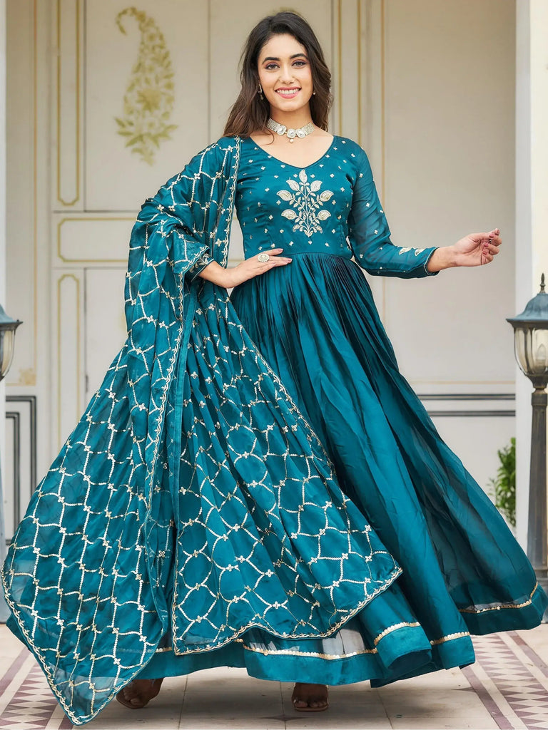 Pretty Teal Blue Sequins Rangoli Silk Reception Wear Gown With Dupatta