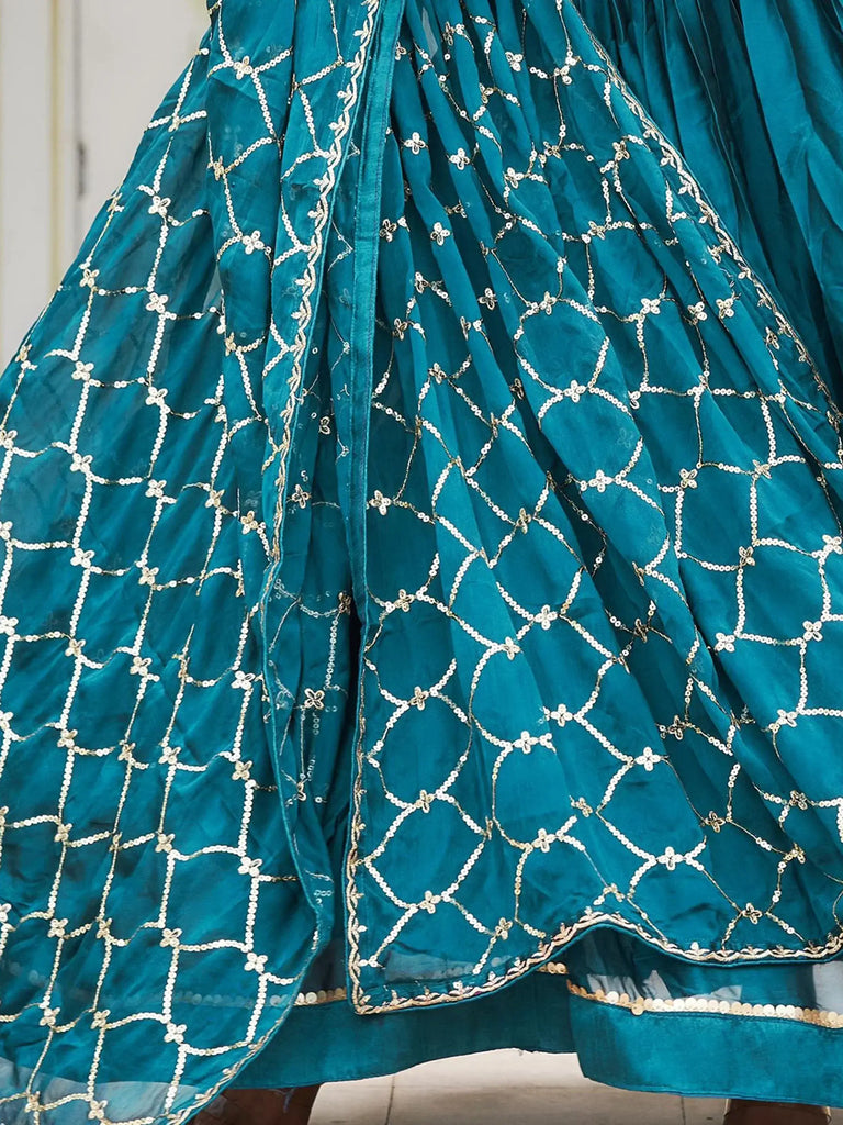 Pretty Teal Blue Sequins Rangoli Silk Reception Wear Gown With Dupatta