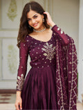 Captivating Wine Color Sequins Rangoli Silk Engagement Wear Gown