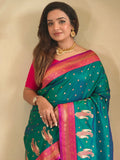 Astonishing Teal Green Paithani Silk Contrast Pallu Work Saree With Blouse