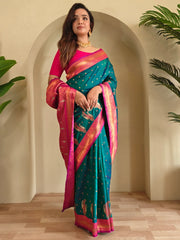 Astonishing Teal Green Paithani Silk Contrast Pallu Work Saree With Blouse