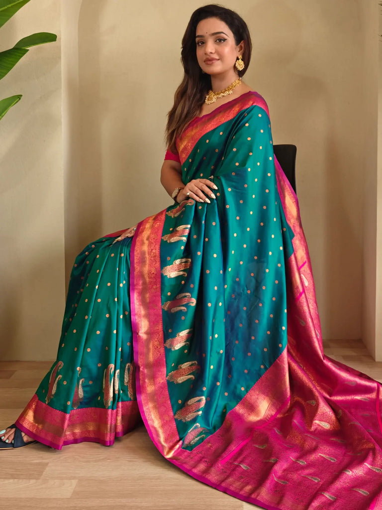 Astonishing Teal Green Paithani Silk Contrast Pallu Work Saree With Blouse