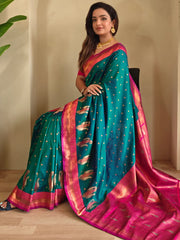 Astonishing Teal Green Paithani Silk Contrast Pallu Work Saree With Blouse