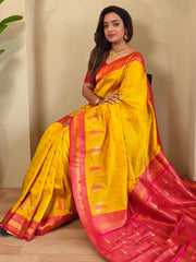 Beautiful Yellow Paithani Silk Zari Weaving Work Traditional Saree With Blouse