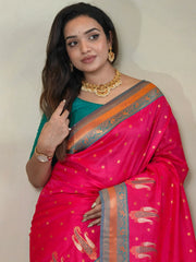 Charming Hot Pink Paithani Silk Zari Weaving Saree With Blouse