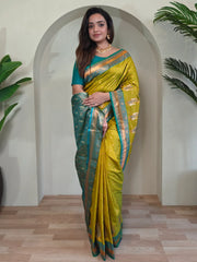 Attractive Olive Green Paithani Silk Zari Weaving Work Saree With Blouse