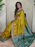 Attractive Olive Green Paithani Silk Zari Weaving Work Saree With Blouse