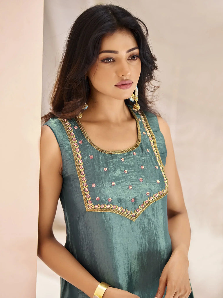 Magnetic Aqua Blue Embroidered Organza Event Wear Pant Suit