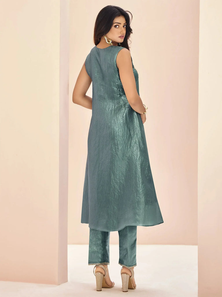 Magnetic Aqua Blue Embroidered Organza Event Wear Pant Suit