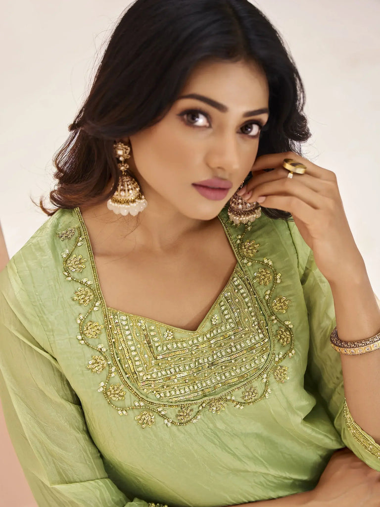 Beautiful Pista Green Embroidered Organza Readymade Pant Suit