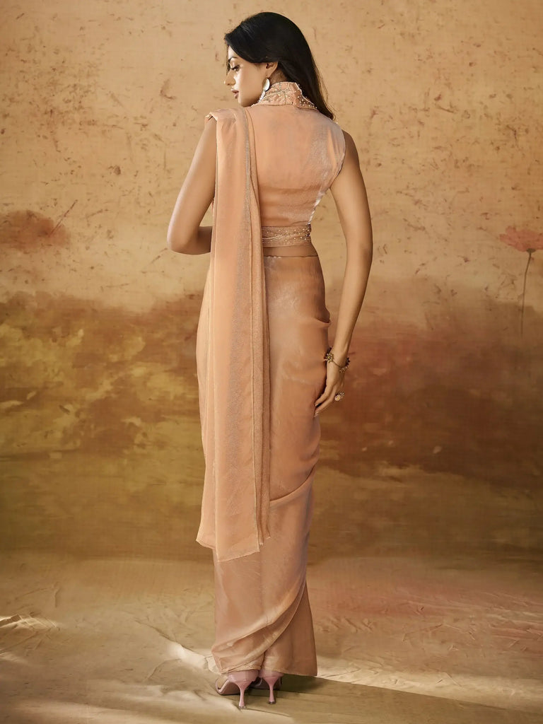 Marvelous Peach Hand Work Organza Ready To Wear Saree With Blouse