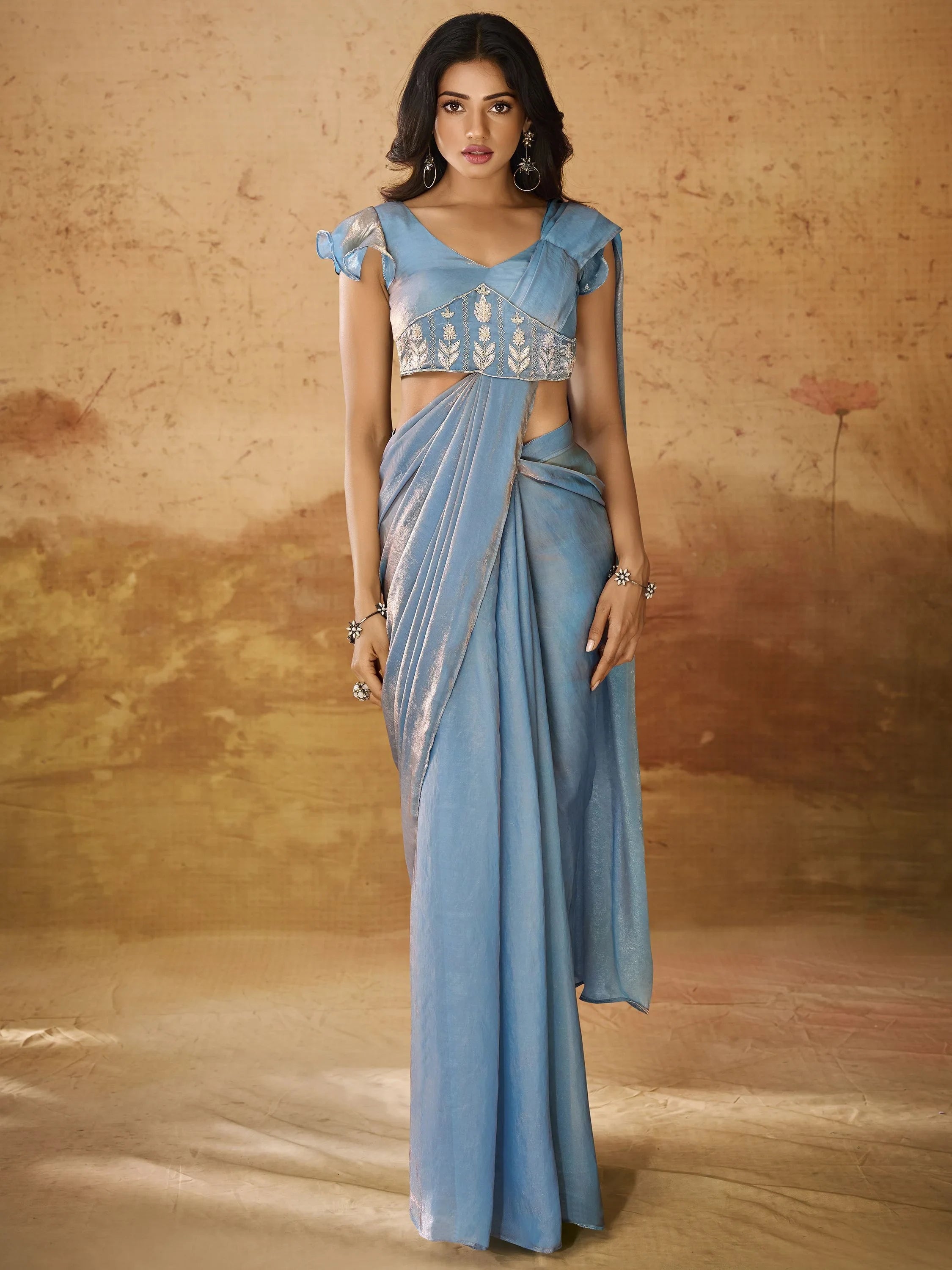 Demanding Blue Hand Work Organza Ready To Wear Saree With Blouse