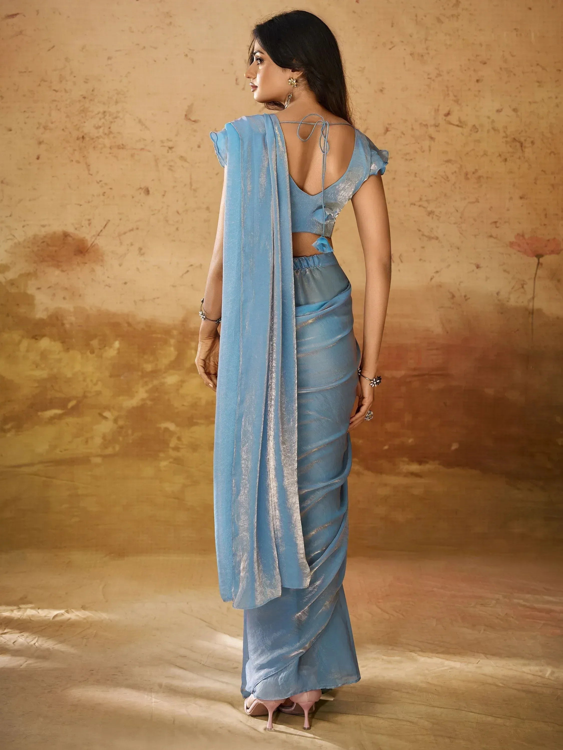 Light blue ethnic saree with back tie blouse, perfect for Indian occasions and festive wear