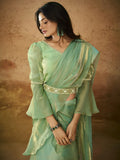 Majestic Pista Color Ruffles Work Organza Ready To Wear Saree With Blouse