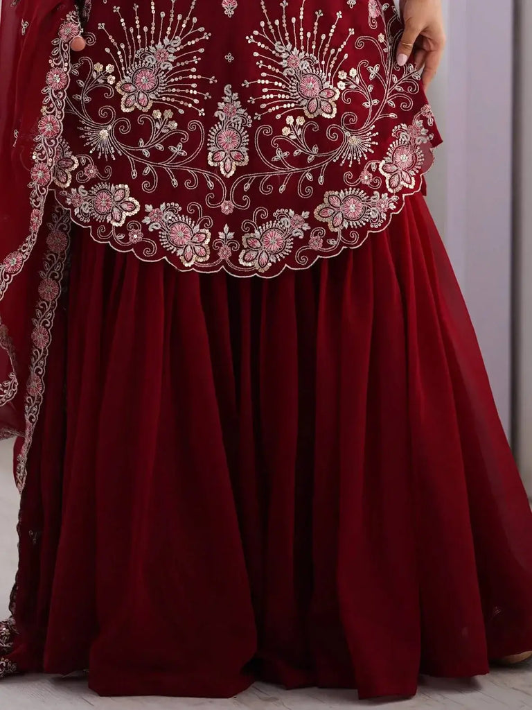 Awesome Red Sequins Georgette Festive Wear Sharara Suit With Dupatta