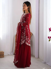 Awesome Red Sequins Georgette Festive Wear Sharara Suit With Dupatta