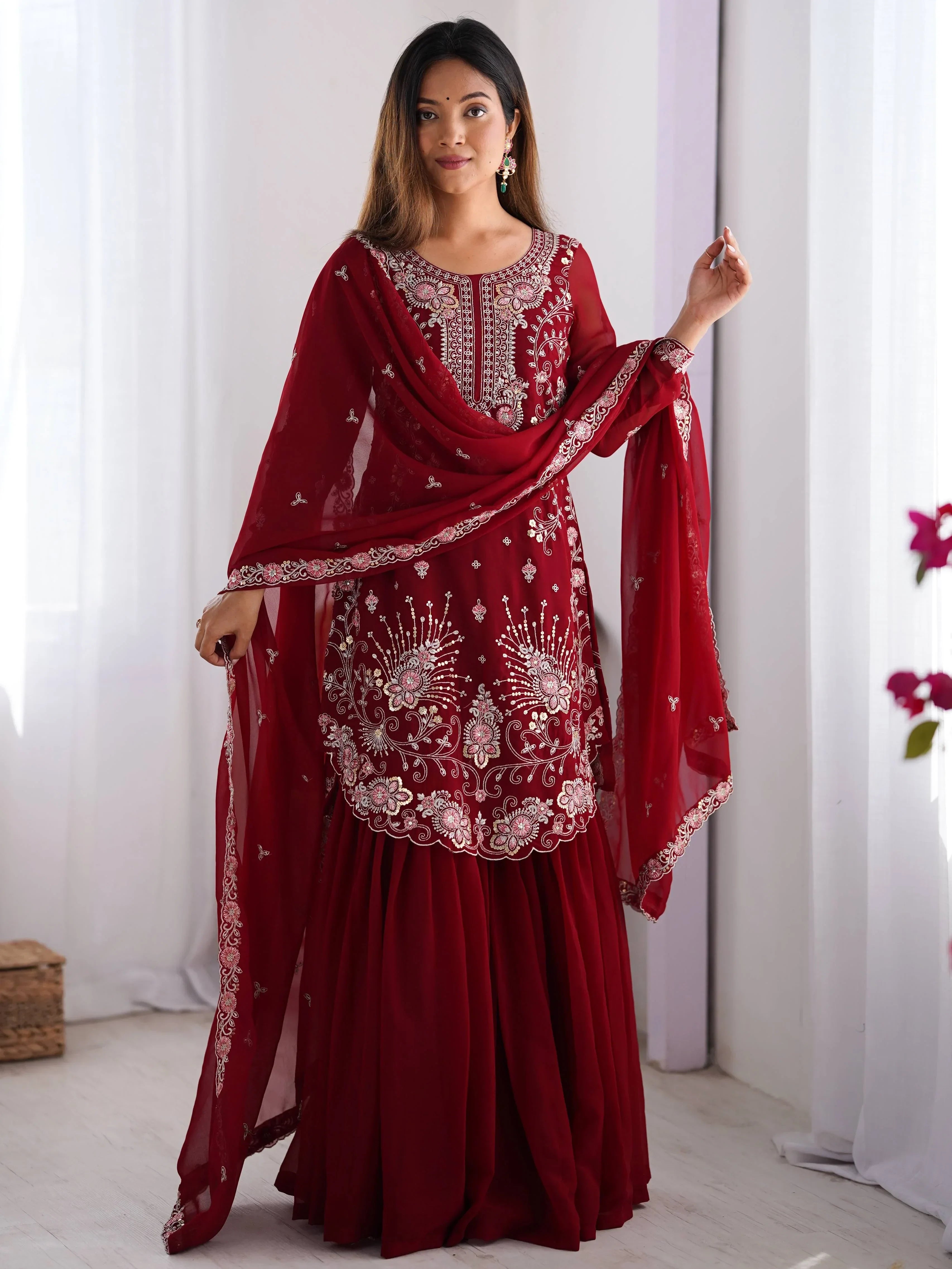 Awesome Red Sequins Georgette Festive Wear Sharara Suit With Dupatta