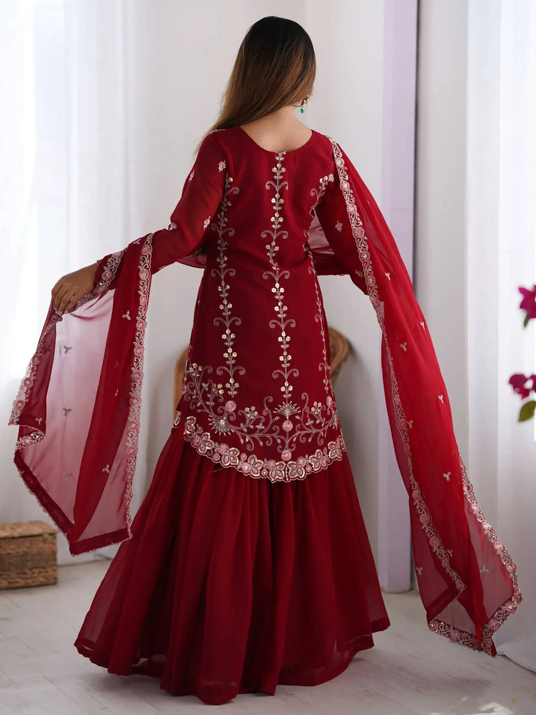 Awesome Red Sequins Georgette Festive Wear Sharara Suit With Dupatta