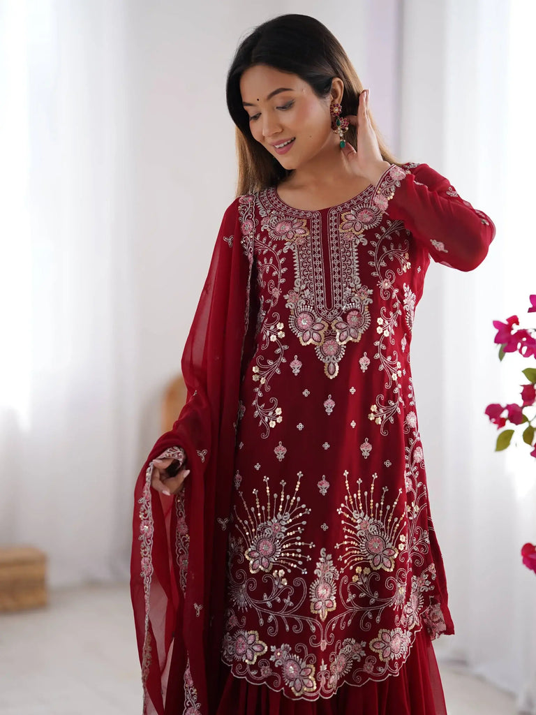 Awesome Red Sequins Georgette Festive Wear Sharara Suit With Dupatta