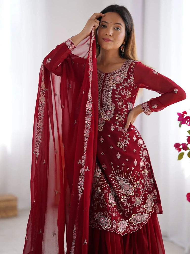 Awesome Red Sequins Georgette Festive Wear Sharara Suit With Dupatta