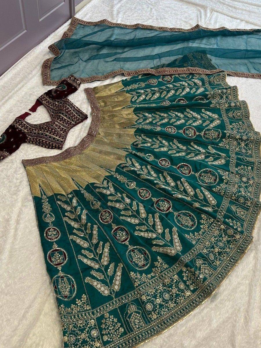 Teal and gold embroidered lehenga choli with matching dupatta, Indian ethnic wear