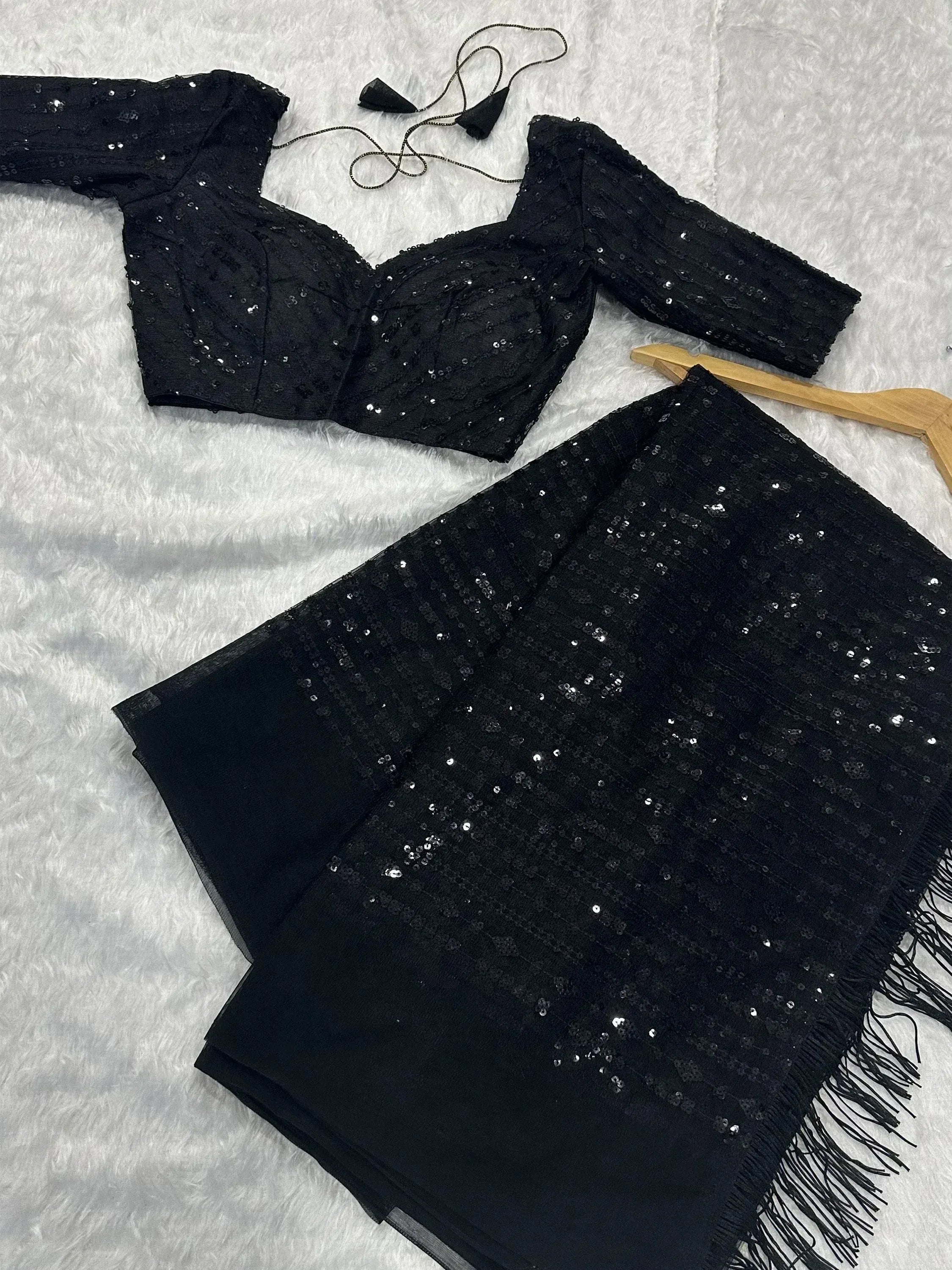 Wonderful Black Sequins Work Net Party Wear Saree With Blouse