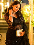 Wonderful Black Sequins Work Net Party Wear Saree With Blouse