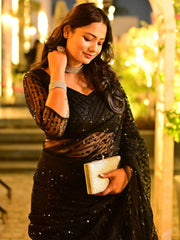 Wonderful Black Sequins Work Net Party Wear Saree With Blouse