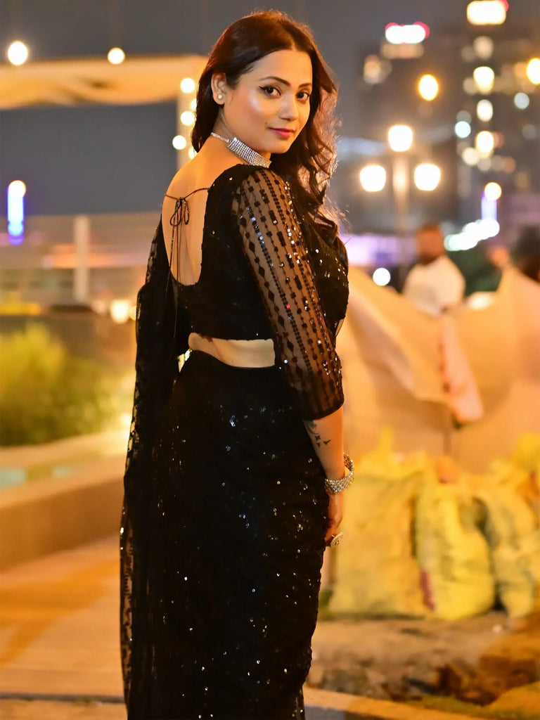 Wonderful Black Sequins Work Net Party Wear Saree With Blouse