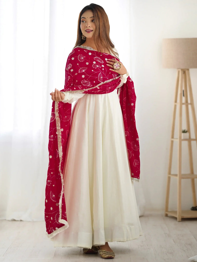 Adorable Off-White Silk Anarkali Gown With Heavy Pink Dupatta