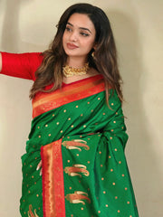 Fascinating Dark Green Paithani Silk Zari Weaving Mehendi Wear Saree