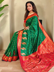 Fascinating Dark Green Paithani Silk Zari Weaving Mehendi Wear Saree