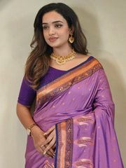 Amazing Lavender Paithani Silk Zari Weaving Designer Saree With Blouse