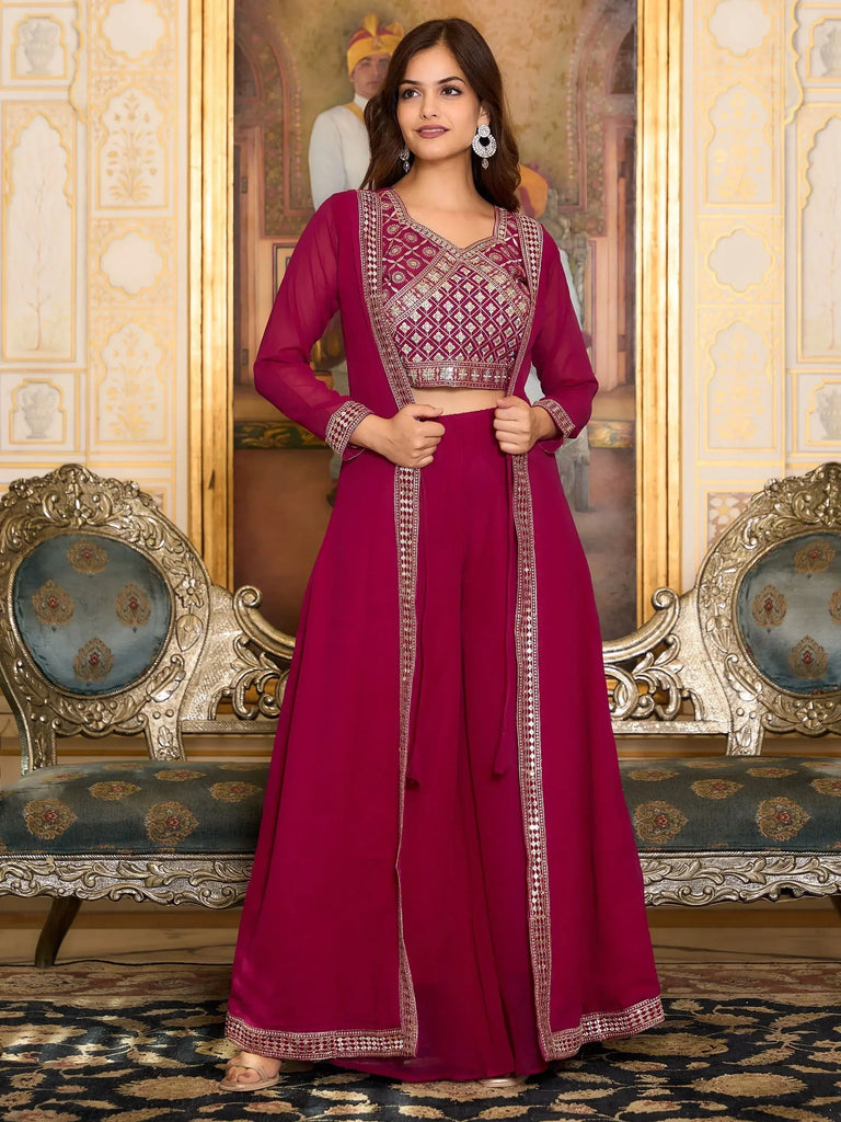 Glamorous Rani Pink Georgette Function Wear Palazzo Top With Shrug