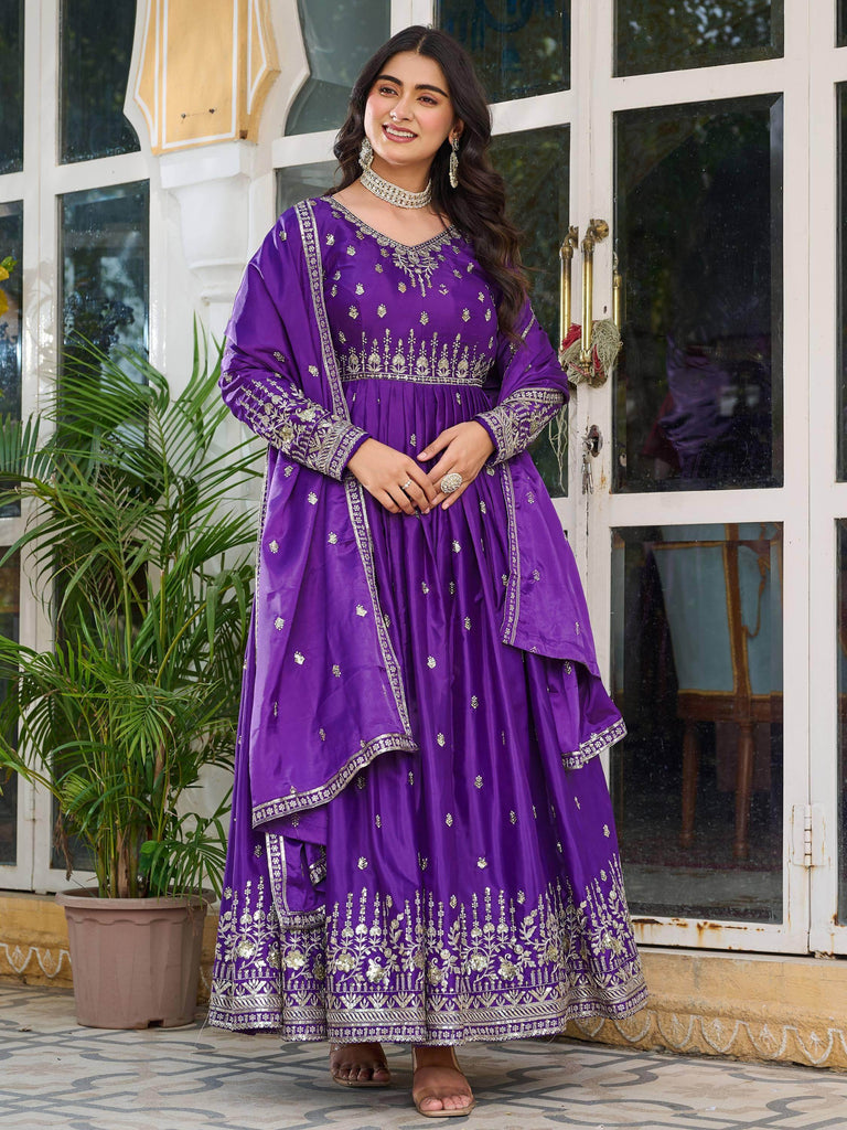Spectacular Purple Sequins Work Silk Festive Wear Gown With Dupatta