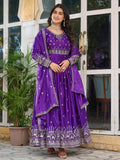 Spectacular Purple Sequins Work Silk Festive Wear Gown With Dupatta