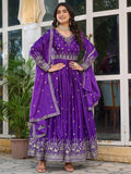 Spectacular Purple Sequins Work Silk Festive Wear Gown With Dupatta