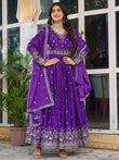 Spectacular Purple Sequins Work Silk Festive Wear Gown With Dupatta
