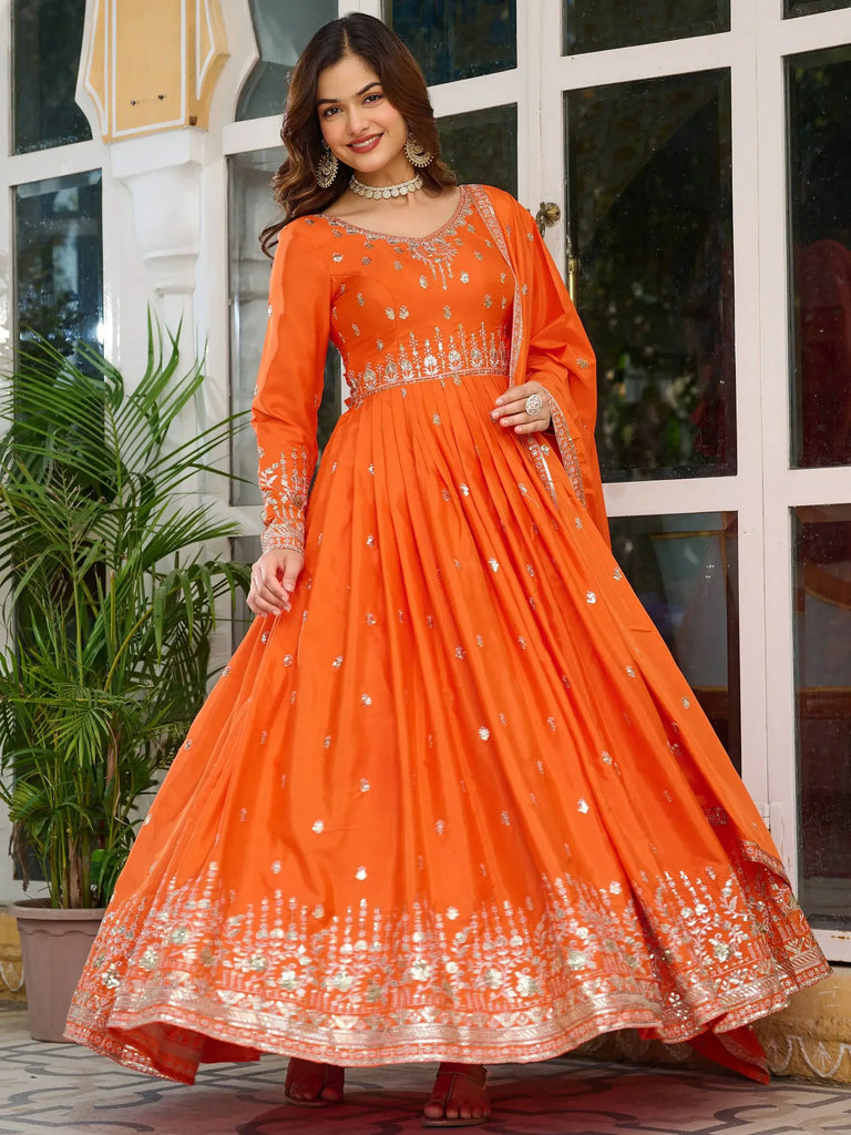 Splendid Orange Thread Embroidered Silk Event Wear Gown With Dupatta