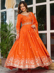 Splendid Orange Thread Embroidered Silk Event Wear Gown With Dupatta